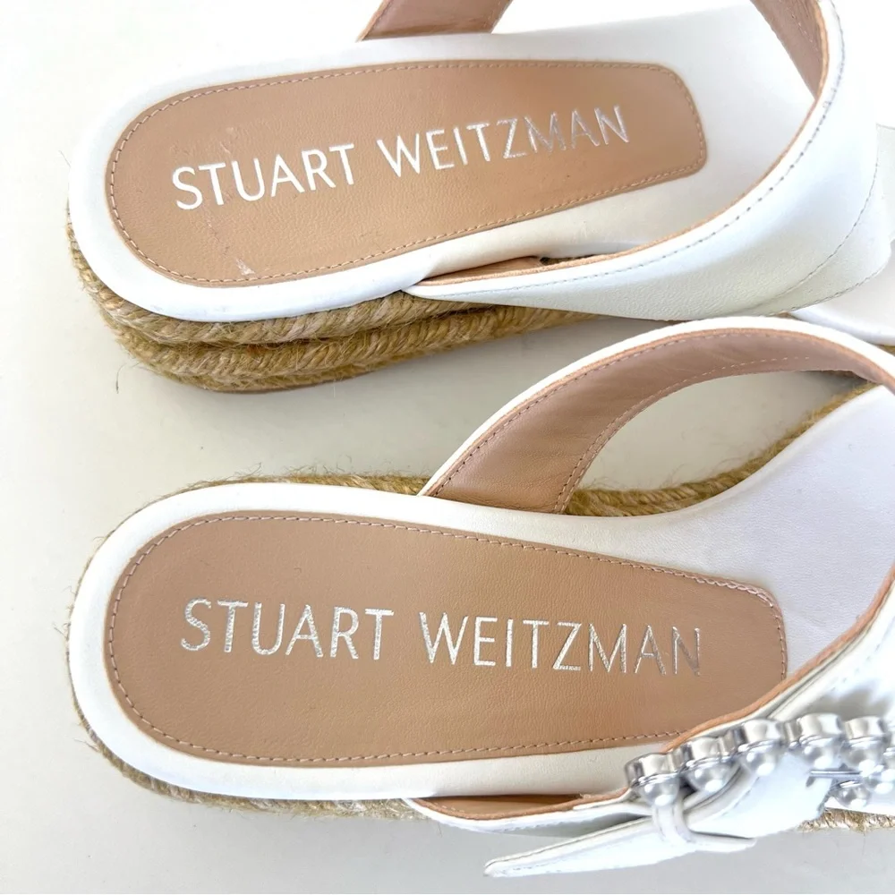 STUART WEITZMAN White Leather Pearl Buckle Thong Slip Espadrille Sandals Sz 6.5